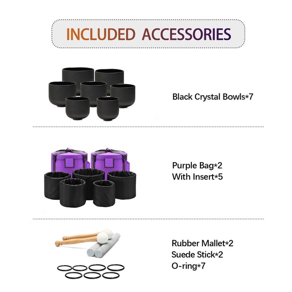 Crystal Singing Bowls SET of (7) SEVEN 432hz Black Quartz Bowls NWT $1109 - Picture 7 of 12